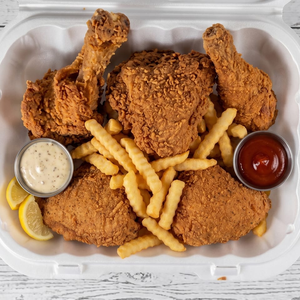 Crispy fried chicken pieces, crinkle-cut fries, lemon wedges, and dipping sauces in a takeout container.