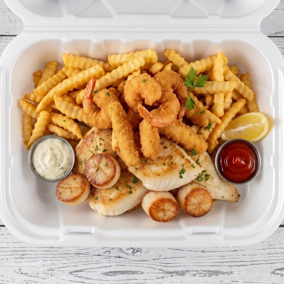 Seafood platter with fried shrimp, scallops, fish, crinkle-cut fries, tartar sauce, and ketchup in a takeout container.