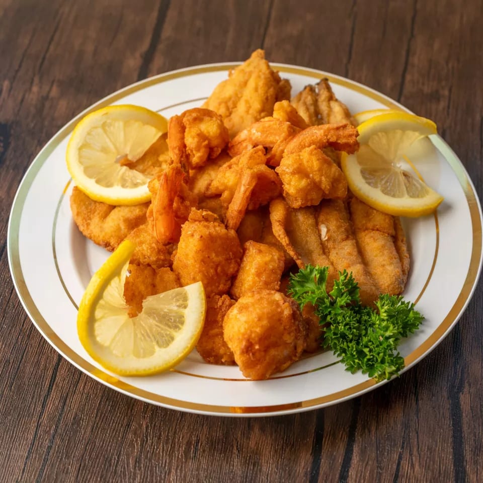 Fried shrimp, fish, and hush puppies with lemon slices and parsley on a white plate.