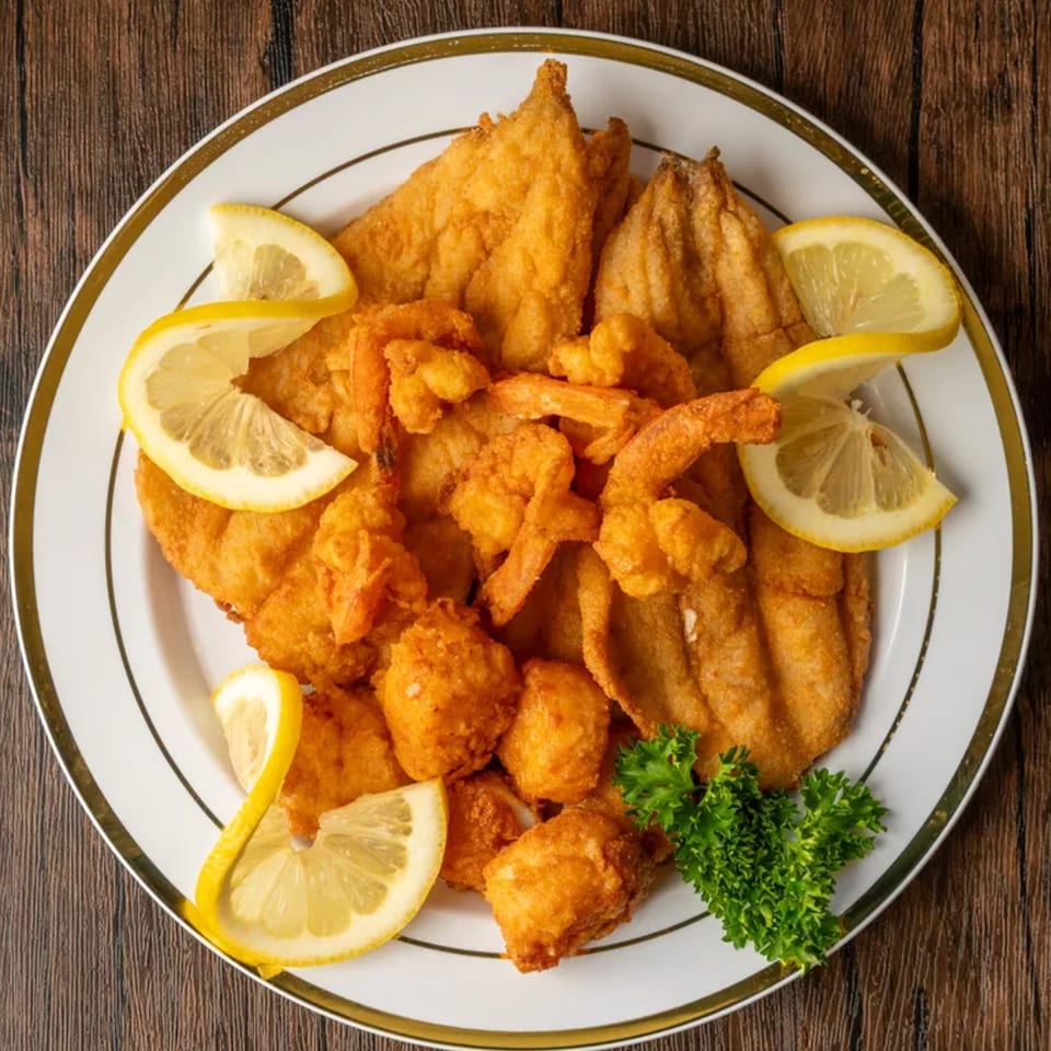 Fried fish fillets, shrimp, and hush puppies with lemon wedges and parsley on a white plate.