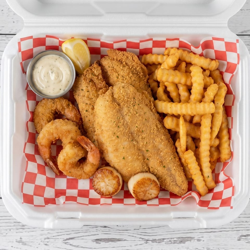 Fried fish, shrimp, scallops, and crinkle-cut fries with tartar sauce and a lemon wedge in a takeout container.