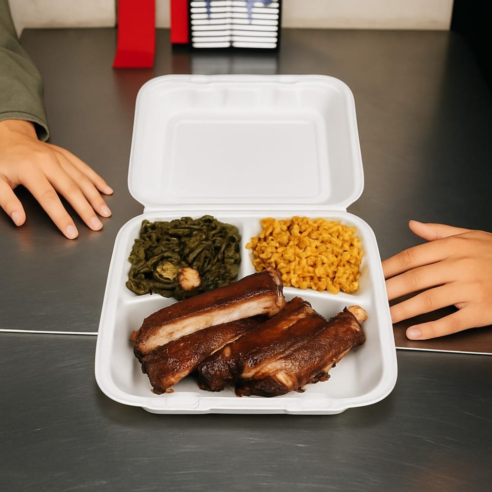 A takeout container with BBQ ribs, collard greens, and yellow rice, with two hands reaching for it.