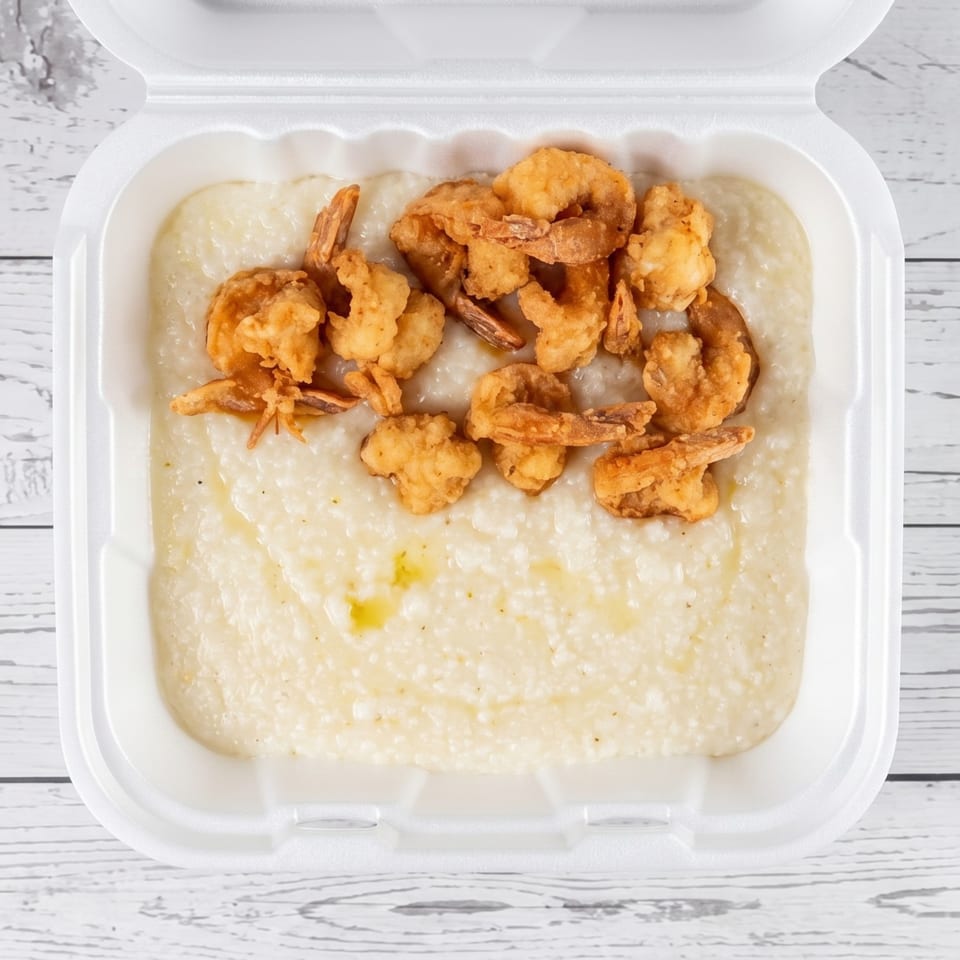 Fried shrimp and grits in a white takeout container on a white wooden surface.