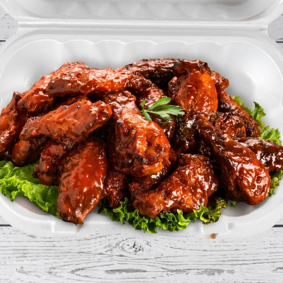Glossy BBQ chicken wings on a bed of lettuce in a white takeout container.