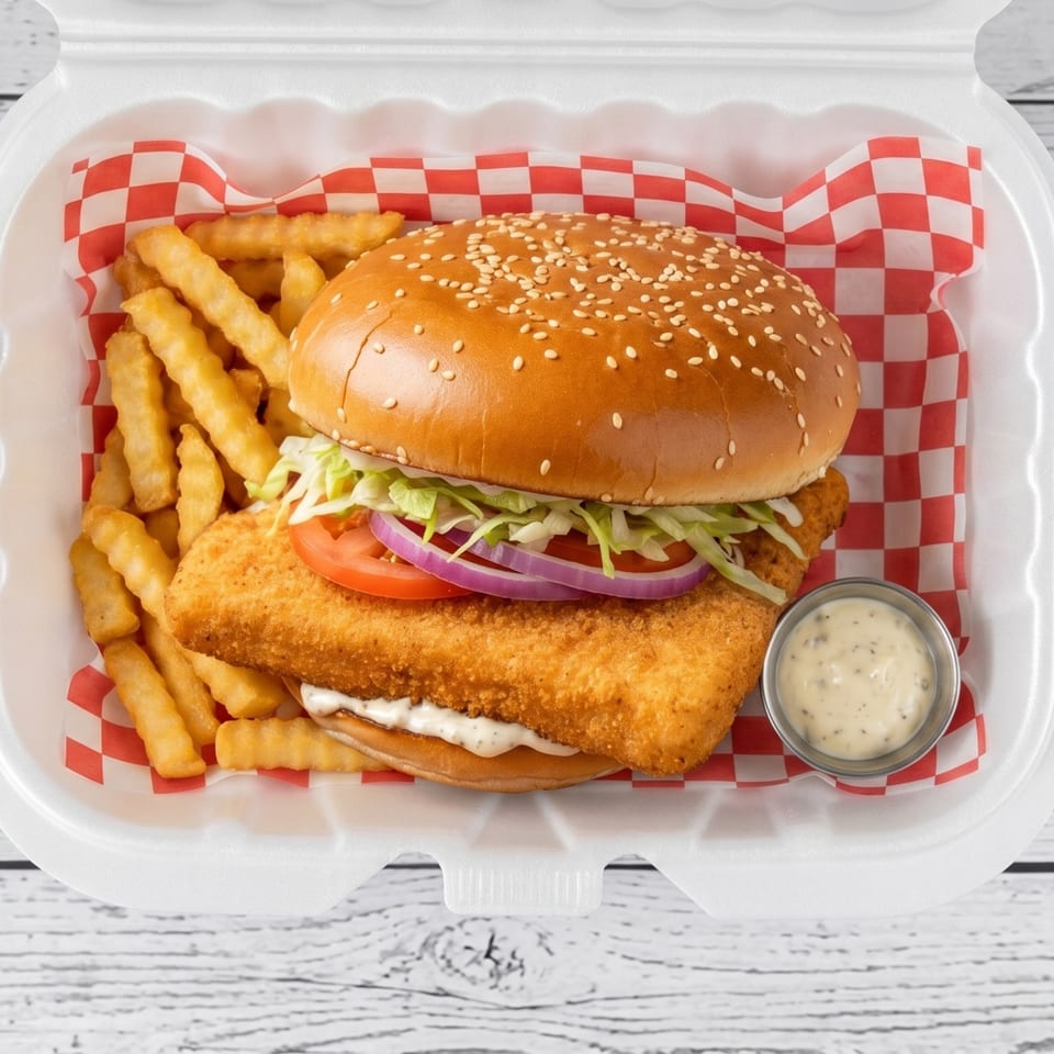 Crispy fish sandwich with lettuce, tomato, onion, and tartar sauce, served with crinkle-cut fries.