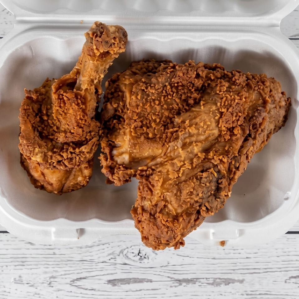 Two pieces of crispy fried chicken, a drumstick and a thigh, in a white takeout container.