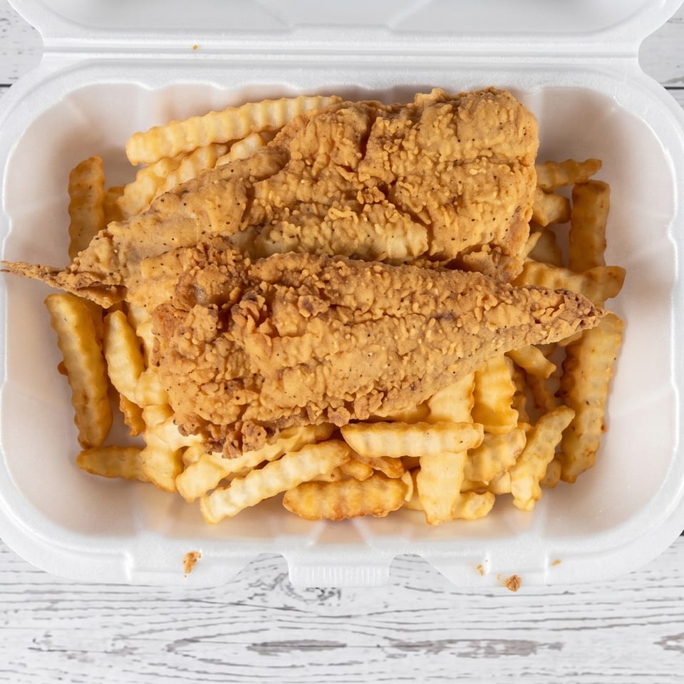 Two pieces of crispy fried fish and crinkle-cut french fries in a white styrofoam takeout container.